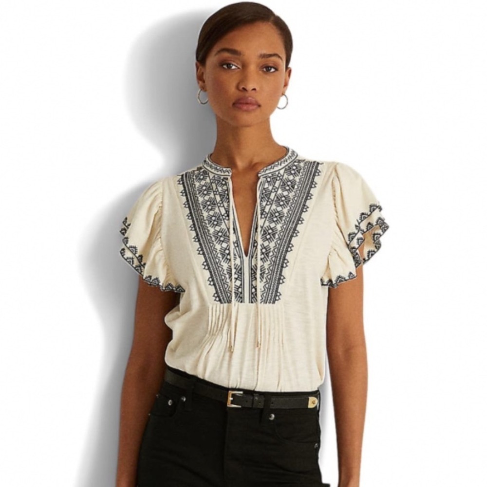 Lauren Ralph Lauren XL Slub Jersey Flutter Sleeve Embroidered Boho Top Cream